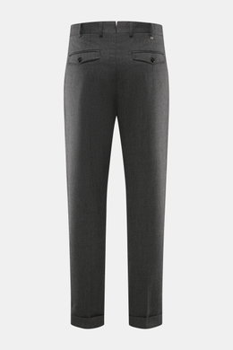 PT Torino Pants 'Rebel Fit' dark grey patterned shown from back, ankle-length tapered fit with fine herringbone, cotton-wool blend, zipper, hook, French pockets, front pleat, flap button back pockets, metal initial, fixed hem cuff. With PT TORINO, you are