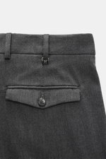 PT Torino Pants 'Rebel Fit' dark grey patterned viewed from above, showing waistband, belt loops, flap back pocket with button, fine herringbone cotton-wool mix, tapered fit, soft touch, zip and hook, regular thigh, ankle-length, fixed hem cuff, metal PT 