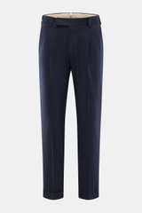 Front view of PT Torino Pants 'Rebel Fit' navy patterned, tapered fit cotton-wool blend with fine herringbone, pleats, French and back flap pockets.