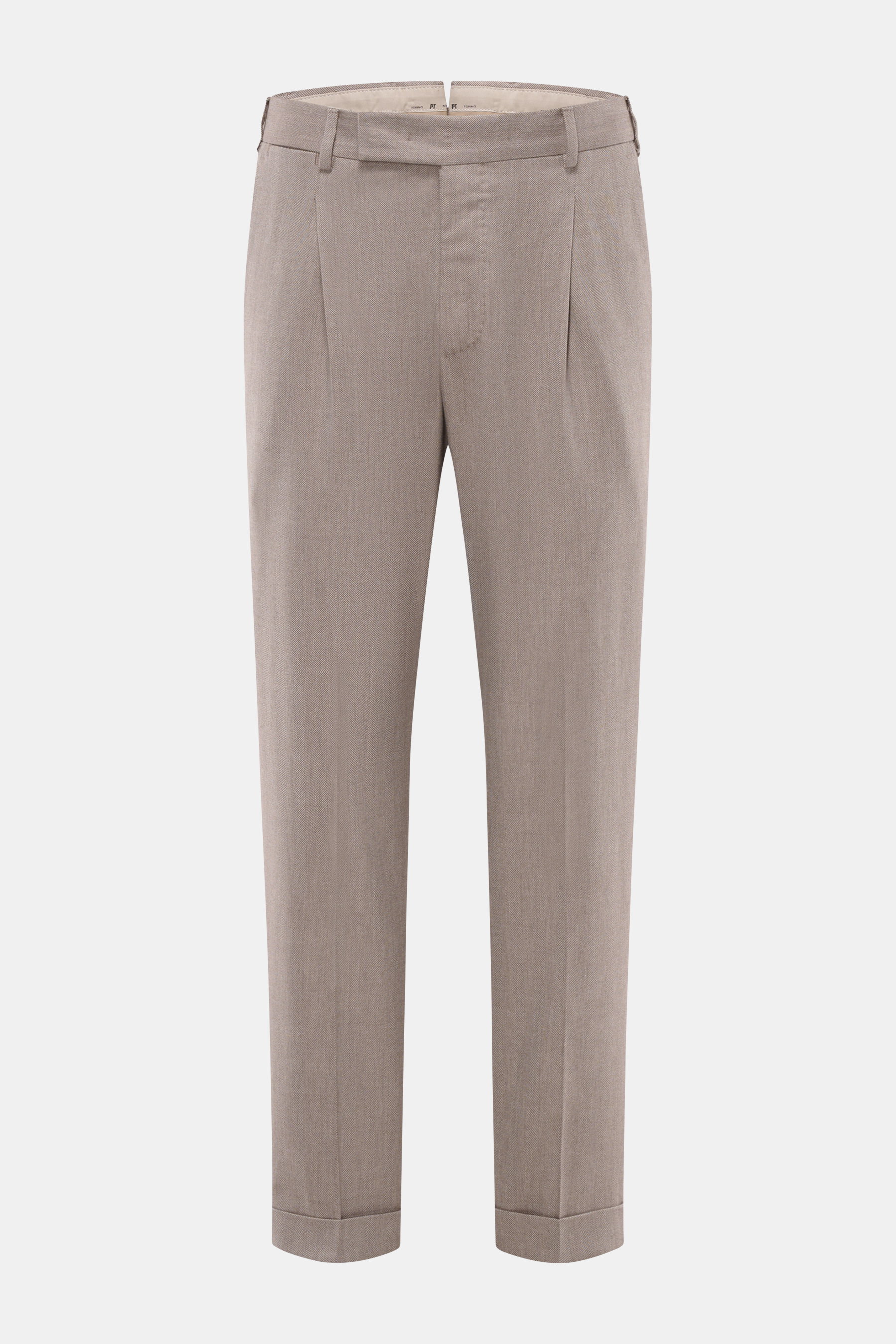 Frontale Nahaufnahme der PT Torino Hose 'Rebel Fit' taupe gemustert mit feinem Fischgrat, Tapered Fit, Bundhaken, Reißverschluss, französischen Taschen.