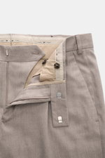Close-up front view of PT Torino Trousers 'Rebel Fit' taupe patterned, showcasing the soft cotton-wool blend, fine herringbone, tapered fit, zipper, waistband hook, and belt loops.