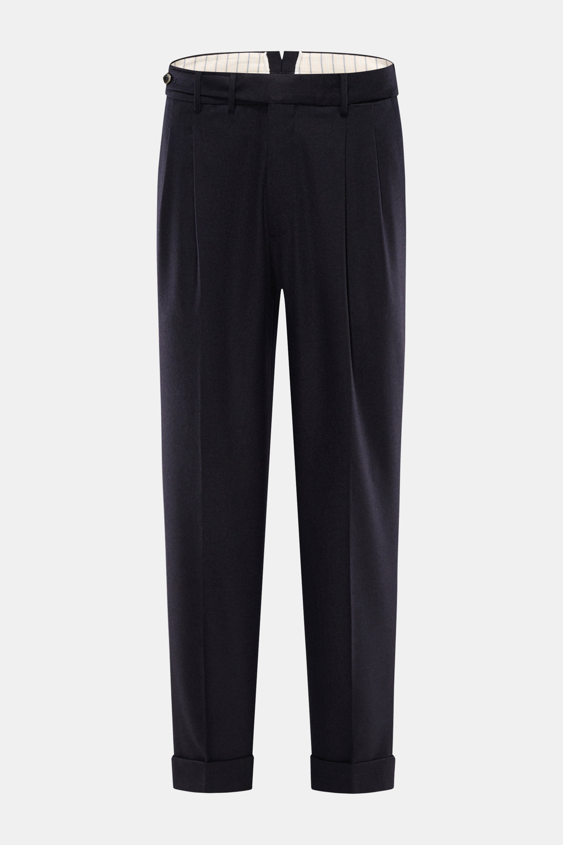 Front view of PT Torino Wool trousers 'Carrot Fit' dark navy, elasticated virgin wool, short cut, double pleats, extended buttoned tab, fixed hem turn-up, soft feel.