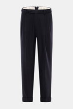 Front view of PT Torino Wool trousers 'Carrot Fit' dark navy, elasticated virgin wool, short cut, double pleats, extended buttoned tab, fixed hem turn-up, soft feel.