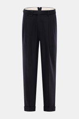Front view of PT Torino Wool trousers 'Carrot Fit' dark navy, elasticated virgin wool, short cut, double pleats, extended buttoned tab, fixed hem turn-up, soft feel.