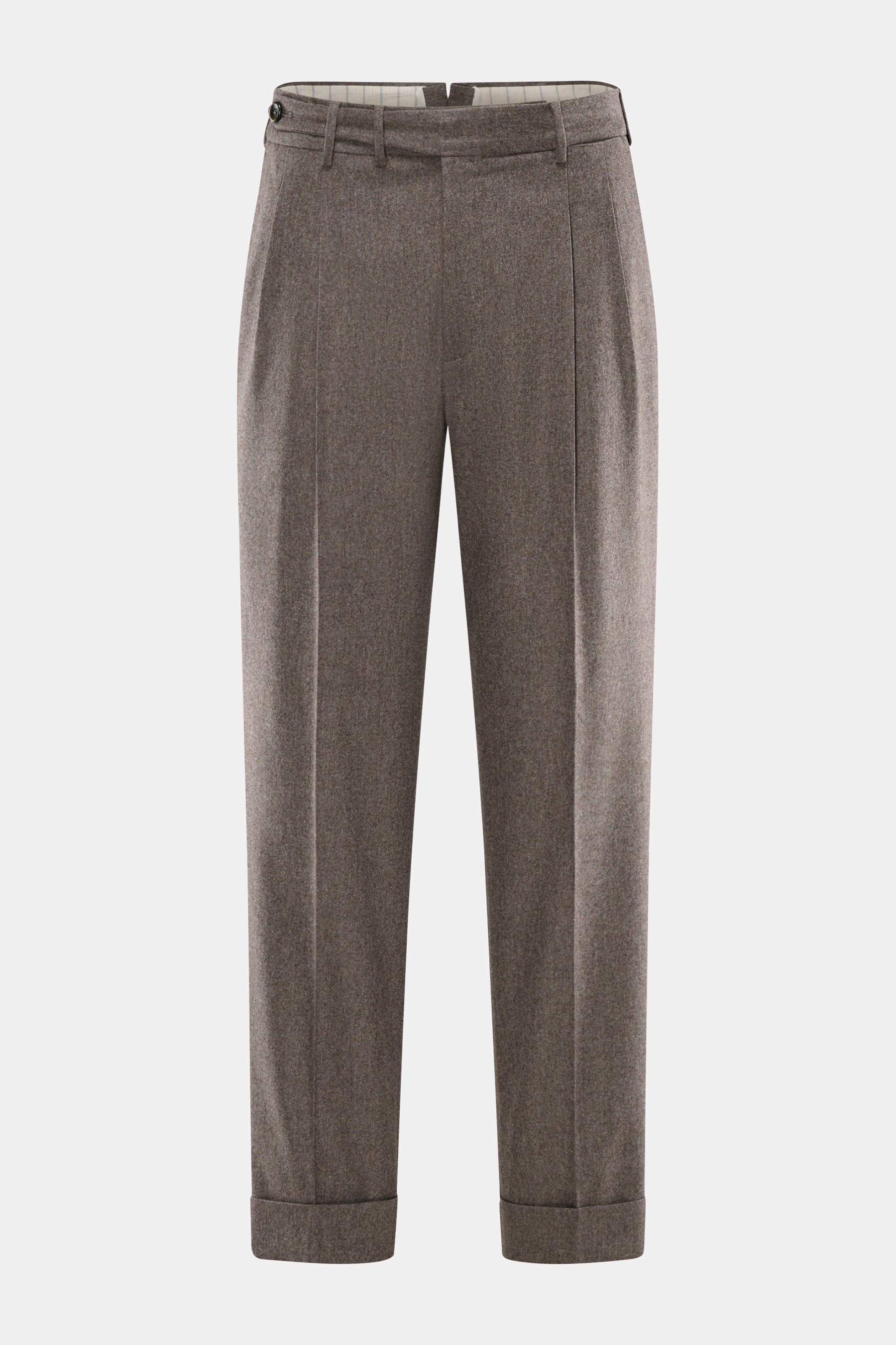 PT Torino Wollhose 'Carrot Fit' graubraun meliert, knöchellang, schmal zulaufend mit Bundfalten, Knopfriegel, Uhrentasche, frontal fotografiert.