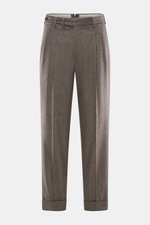 PT Torino Wollhose 'Carrot Fit' graubraun meliert, knöchellang, schmal zulaufend mit Bundfalten, Knopfriegel, Uhrentasche, frontal fotografiert.