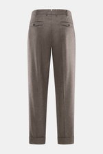 PT Torino Wollhose 'Carrot Fit' graubraun meliert, Rückansicht, knöchellang mit Bundfalten, Patten- und Uhrentaschen, elastische Schurwolle und Cashmere.