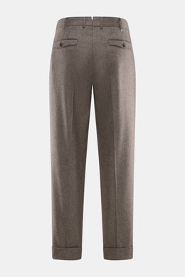 PT Torino Wollhose 'Carrot Fit' graubraun meliert, Rückansicht, knöchellang mit Bundfalten, Patten- und Uhrentaschen, elastische Schurwolle und Cashmere.