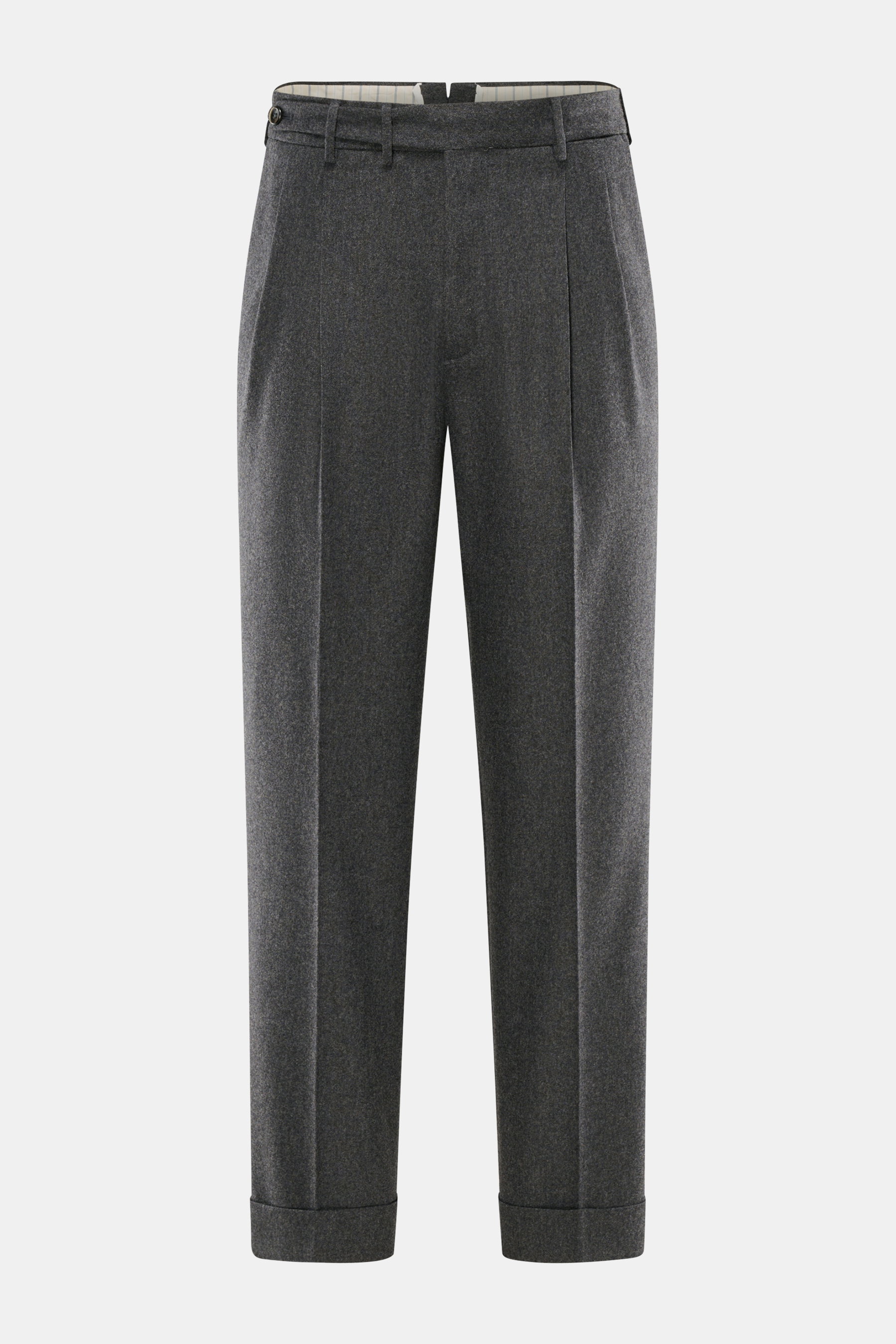 PT Torino Wollhose 'Carrot Fit' dunkelgrau meliert, von vorne fotografiert, aus elastischer Schurwolle und Cashmere, mit Bundfalten und Knopfriegel.