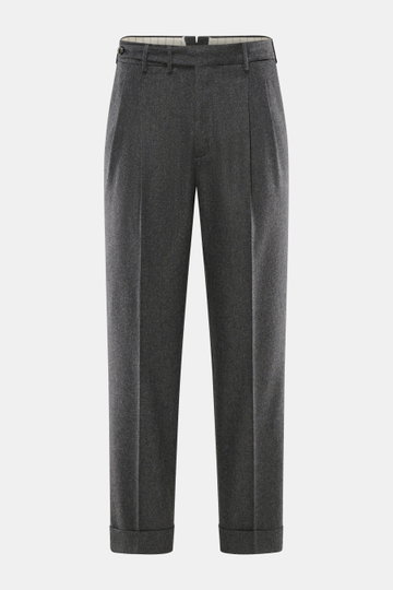 PT Torino Wool trousers 'Carrot Fit' dark grey melange shown from the front, ankle-length with double pleats, extended buttoned tab, and fixed hem turn-up. Classic elegance in pure virgin wool with a soft feel, carrot fit, regular thigh width, zip and wai