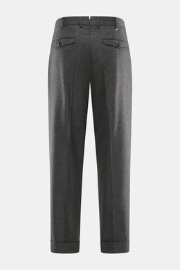 PT Torino Wollhose 'Carrot Fit' dunkelgrau meliert, Rückansicht, knöchellang mit Bundfalten, Uhrentasche, Gesäßtaschen mit Knopf, Schurwolle-Cashmere.