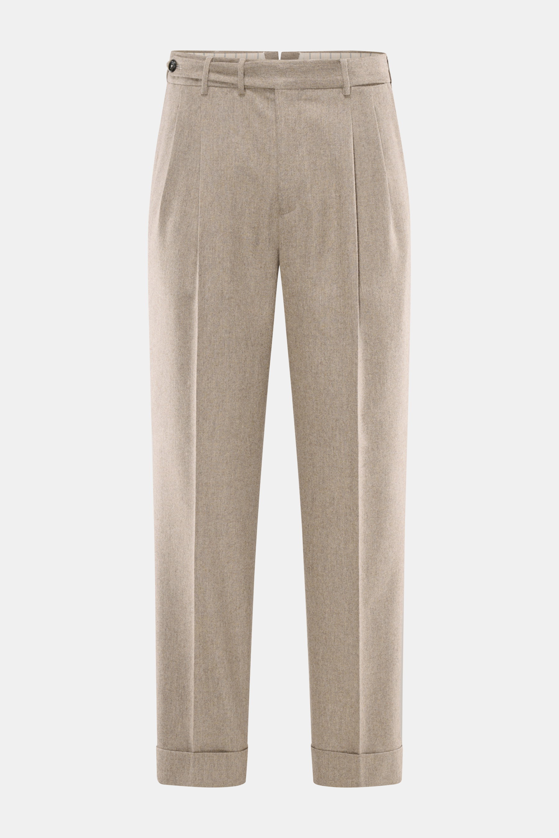 PT Torino Wollhose 'Carrot Fit' beige meliert, knöchellang mit Bundfalten, Knopfriegel und fixiertem Saum, frontal fotografiert.