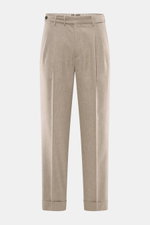 PT Torino Wollhose 'Carrot Fit' beige meliert, knöchellang mit Bundfalten, Knopfriegel und fixiertem Saum, frontal fotografiert.