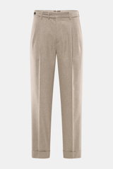 PT Torino Wollhose 'Carrot Fit' beige meliert, knöchellang mit Bundfalten, Knopfriegel und fixiertem Saum, frontal fotografiert.
