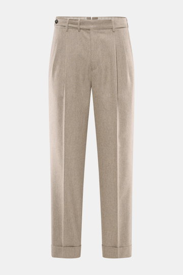 Front view of PT Torino Wool trousers 'Carrot Fit' beige melange, made of pure virgin wool, short cut, double pleats, extended buttoned tab, fixed hem turn-up. Classic elegance with a modern twist in a soft feel fabric, carrot fit with regular thigh width
