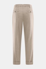 Rückansicht der PT Torino Wollhose 'Carrot Fit' beige meliert aus Schurwolle und Cashmere mit Bundfalten, Uhrentasche, Patten und fixiertem Saum.