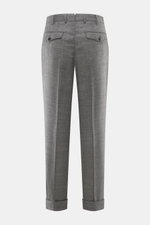 PT Torino Wollhose 'Carrot Fit' grau meliert, Rückansicht, knöchellang mit fixiertem Saumaufschlag, französische Taschen, doppelte Bundfalten.