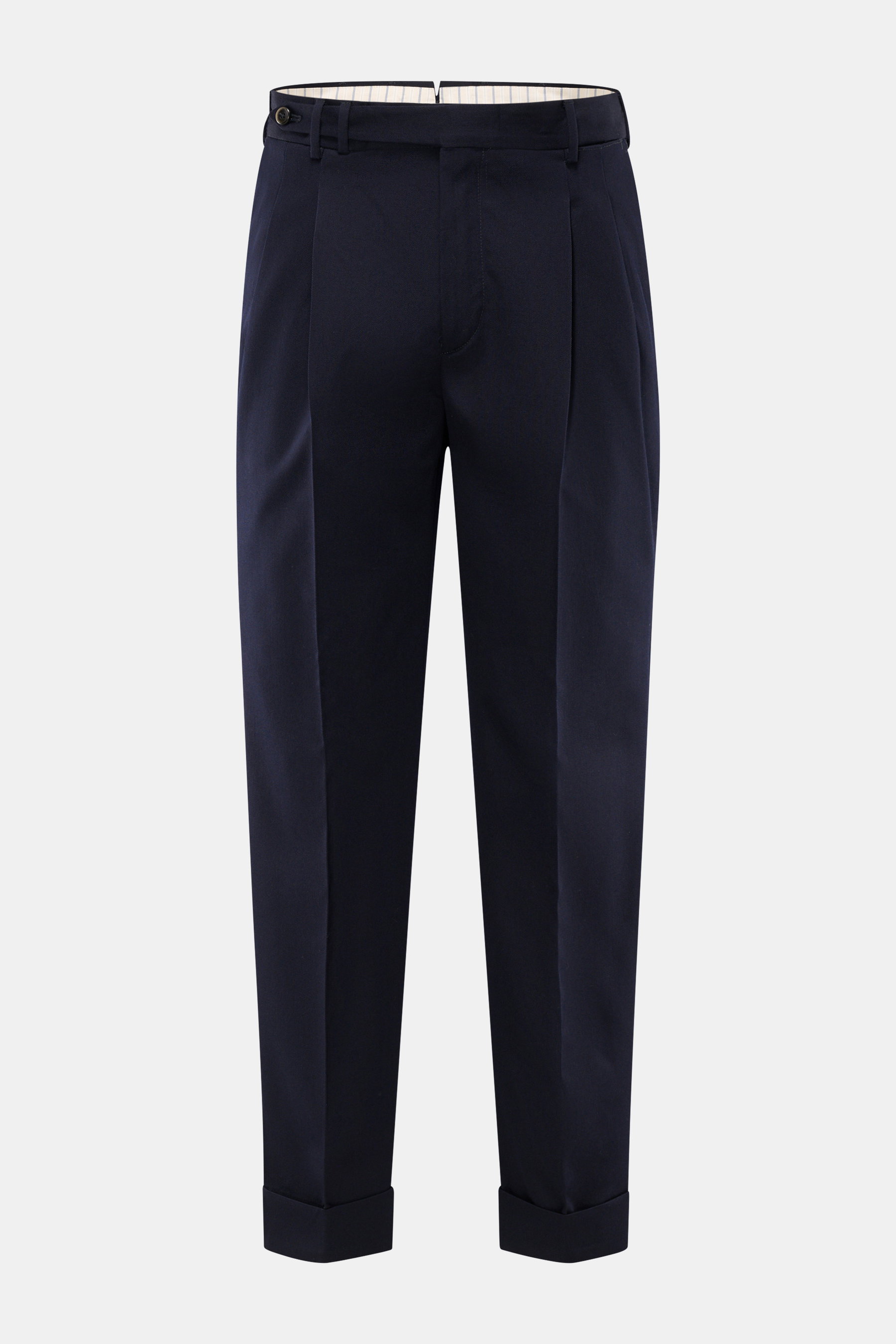 Front view of PT Torino Wool trousers 'Carrot Fit' navy, made of pure virgin wool with soft touch, carrot fit, regular thigh width, ankle length, slightly tapered, zipper and waistband buttons, extended button tab, small watch pocket, double waistband ple