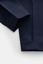 PT Torino Wollhose 'Carrot Fit' navy, Detailaufnahme von unten, reine Schurwolle, weicher Griff, knöchellang, Carrot Fit, Bundknöpfe, Uhrentasche, Saumaufschlag.
