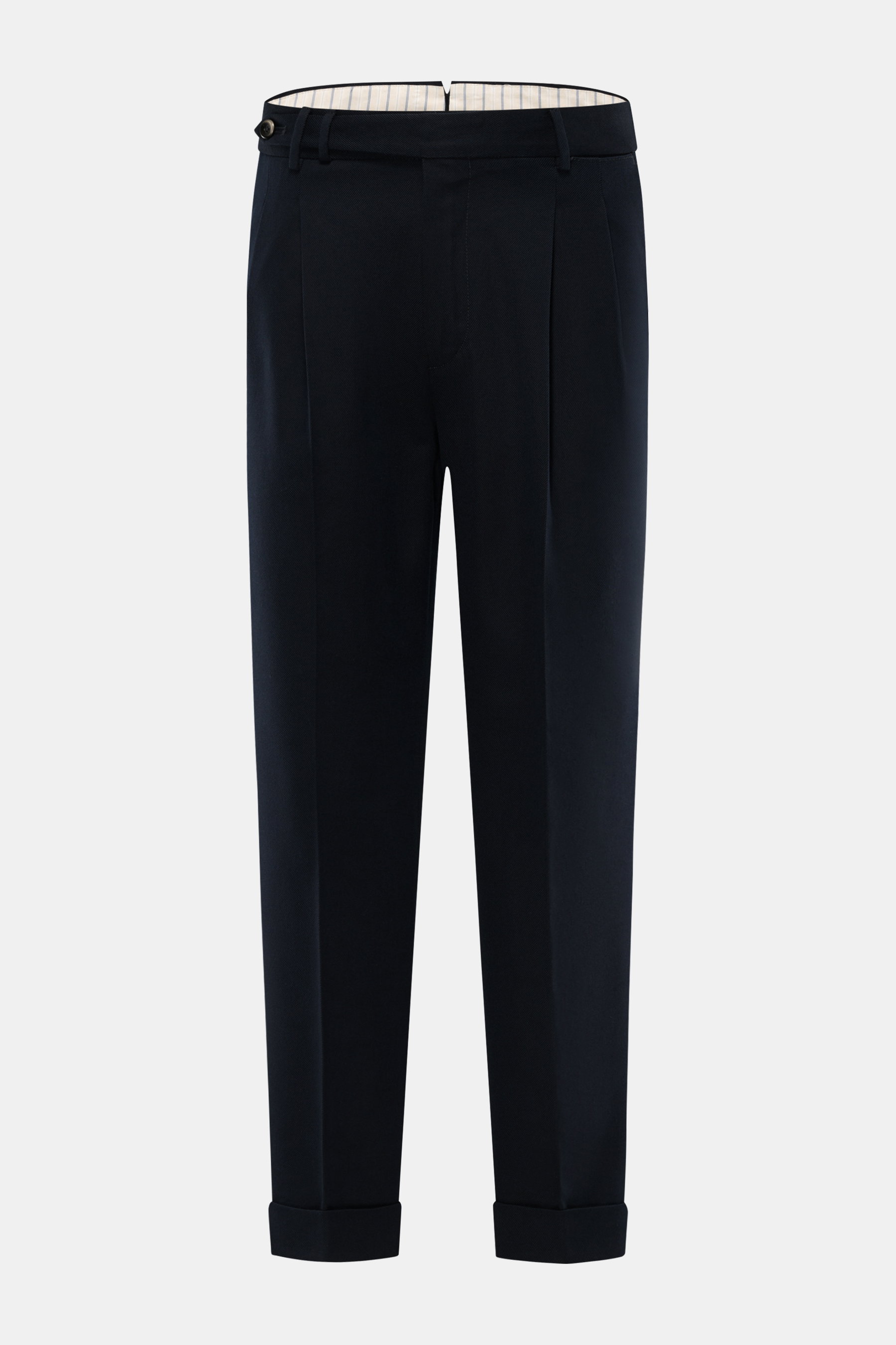 Front view of PT Torino Pants 'Carrot Fit' navy in cotton and virgin wool mix, twill structure, regular thigh, ankle-length, slim taper, zipper, waistband buttons, extended tab, watch pocket, double pleat, French and back flap pockets, fixed hem turn-up.