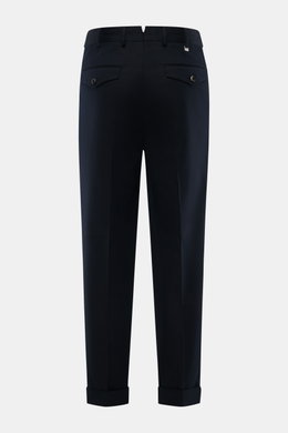 Back view of PT Torino Pants 'Carrot Fit' navy in a mix of cotton and virgin wool with twill structure, carrot fit, regular thigh, ankle-length, very slim tapering, zipper and waistband buttons, extended button tab, small watch pocket, double waistband pl