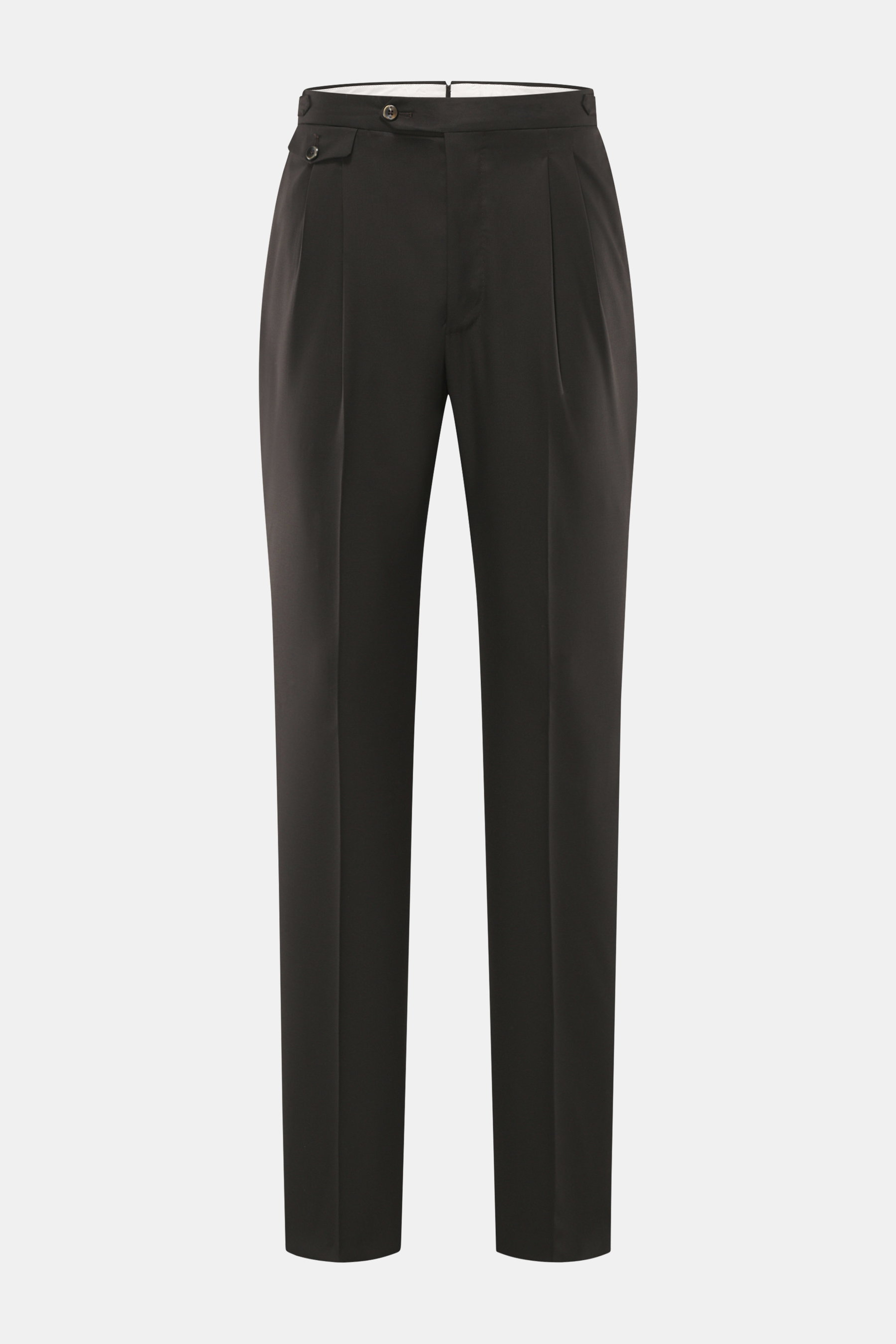 Frontansicht der PT Torino Wollhose 'Gentleman Fit' dunkelbraun aus reiner Super 160'S Schurwolle, Regular Fit, schmal zulaufend, mit Bundknöpfen, Reißverschluss, Side Adjuster, doppelter Bundfalte und französischen Taschen.