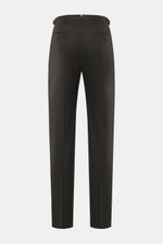 PT Torino Wollhose 'Gentleman Fit' dunkelbraun, schmal zulaufend, aus Super 160'S Schurwolle, Rückansicht mit französischen Taschen, Side Adjuster, Bundknöpfen.