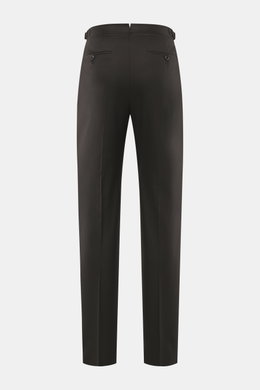 PT Torino Wollhose 'Gentleman Fit' dunkelbraun, schmal zulaufend, aus Super 160'S Schurwolle, Rückansicht mit französischen Taschen, Side Adjuster, Bundknöpfen.