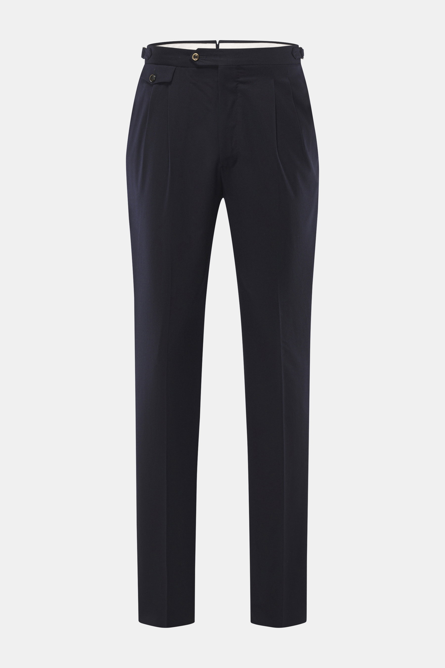 Front view of PT Torino Wool trousers 'Gentleman Fit' navy made of virgin wool and silk, lightweight with soft feel, regular fit, tapered cut, zip, waist buttons, extended buttoned tab, side adjuster, double pleat, French pockets, watch pocket with flap a