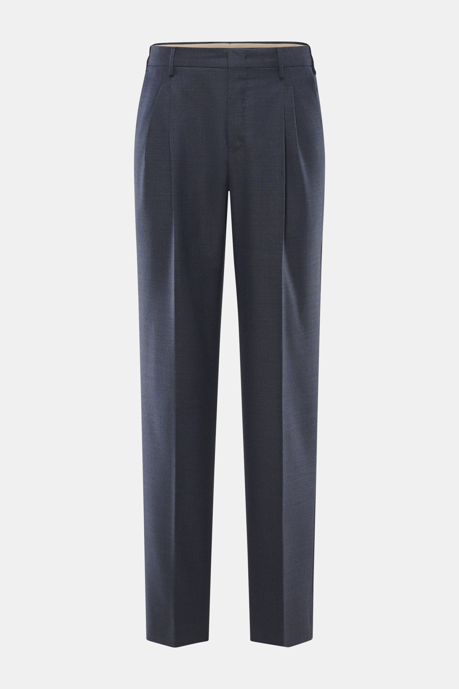 PT Torino Wollhose 'Samuel' navy meliert, frontale Ansicht, reine Schurwolle, Regular Fit, gerader Schnitt, Reißverschluss, Bundknöpfe, verlängerter Knopfriegel, doppelte Bundfalte, französische Taschen, paspelierte Gesäßtaschen, fixierter Saumaufschlag, 