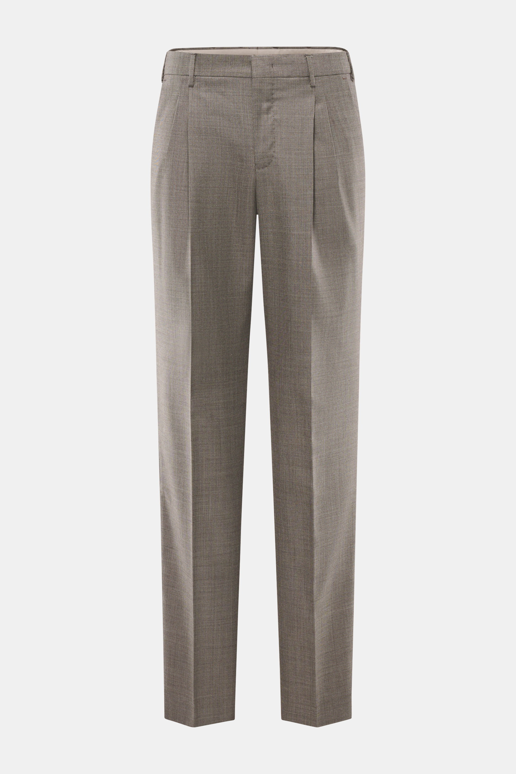 PT Torino Wollhose 'Samuel' dunkelbraun/taupe meliert, Frontansicht, reine Schurwolle, leicht griffig, Regular Fit, gerader Schnitt, Reißverschluss, Bundknöpfe, verlängerter Knopfriegel, doppelte Bundfalte, französische Taschen, paspelierte Gesäßtaschen, 