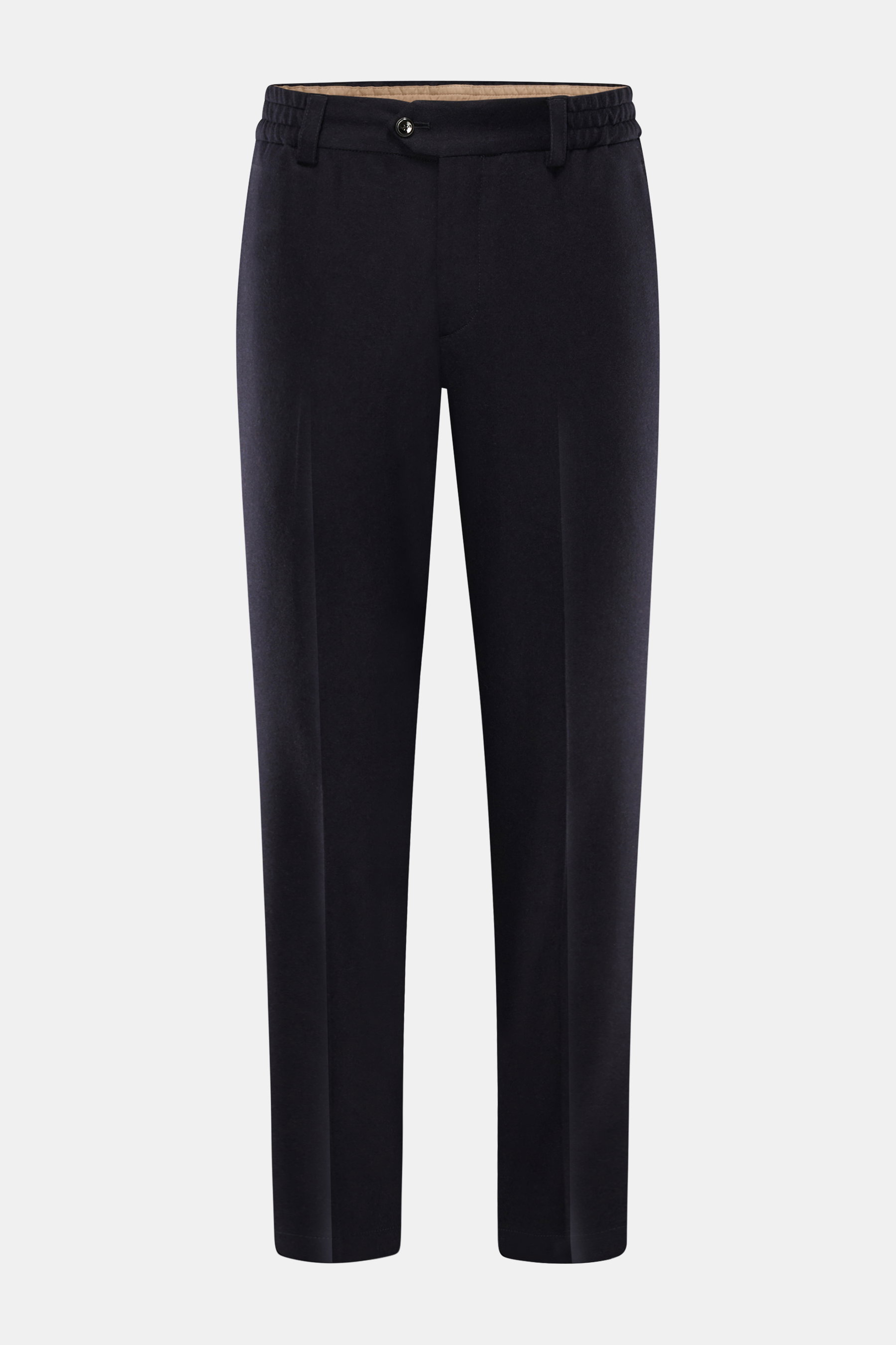 Front view of PT Torino Wool Pants 'The Rebel' navy, ankle-length, tapered flannel pants made of wool and cashmere with elastic waistband, button fly, French pockets, and back buttoned flap pockets, offering comfort, warmth, and style.