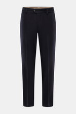 Front view of PT Torino Wool Pants 'The Rebel' navy, ankle-length, tapered flannel pants made of wool and cashmere with elastic waistband, button fly, French pockets, and back buttoned flap pockets, offering comfort, warmth, and style.