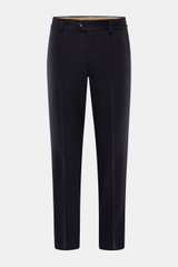 Front view of PT Torino Wool Pants 'The Rebel' navy, ankle-length, tapered flannel pants made of wool and cashmere with elastic waistband, button fly, French pockets, and back buttoned flap pockets, offering comfort, warmth, and style.