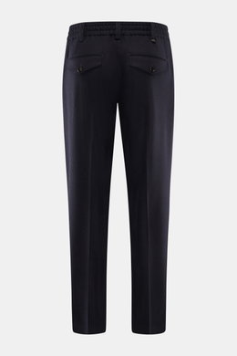 Rear view of PT Torino Wool Pants 'The Rebel' navy in elastic wool-cashmere flannel with tapered, ankle-length cut, button fly, elastic waistband, and buttoned back pockets.