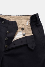 Close-up front view of PT Torino Wool Pants 'The Rebel' navy with elastic waistband, button fly, and soft flannel wool-cashmere fabric.