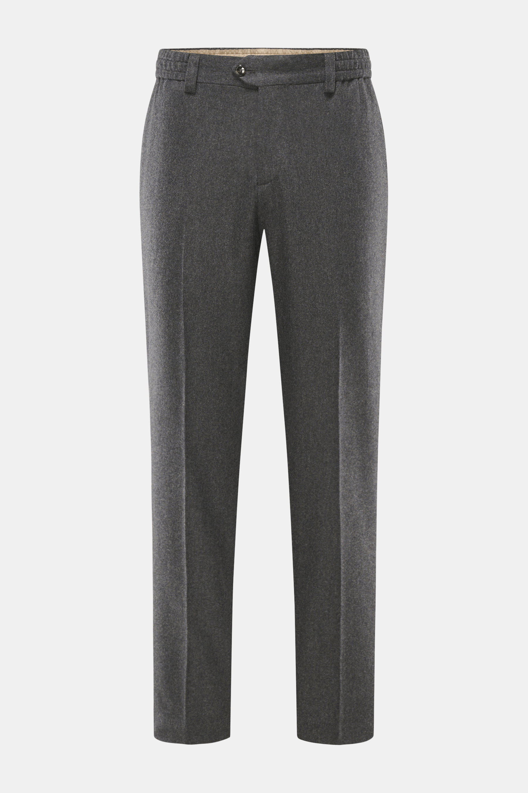 PT Torino Wollhose 'The Rebel' dunkelgrau meliert, Frontansicht, elastischer Bund, Button Fly, französische Taschen, schmal zulaufend, knöchellang, Flanell aus Wolle und Cashmere, Rebel Fit.