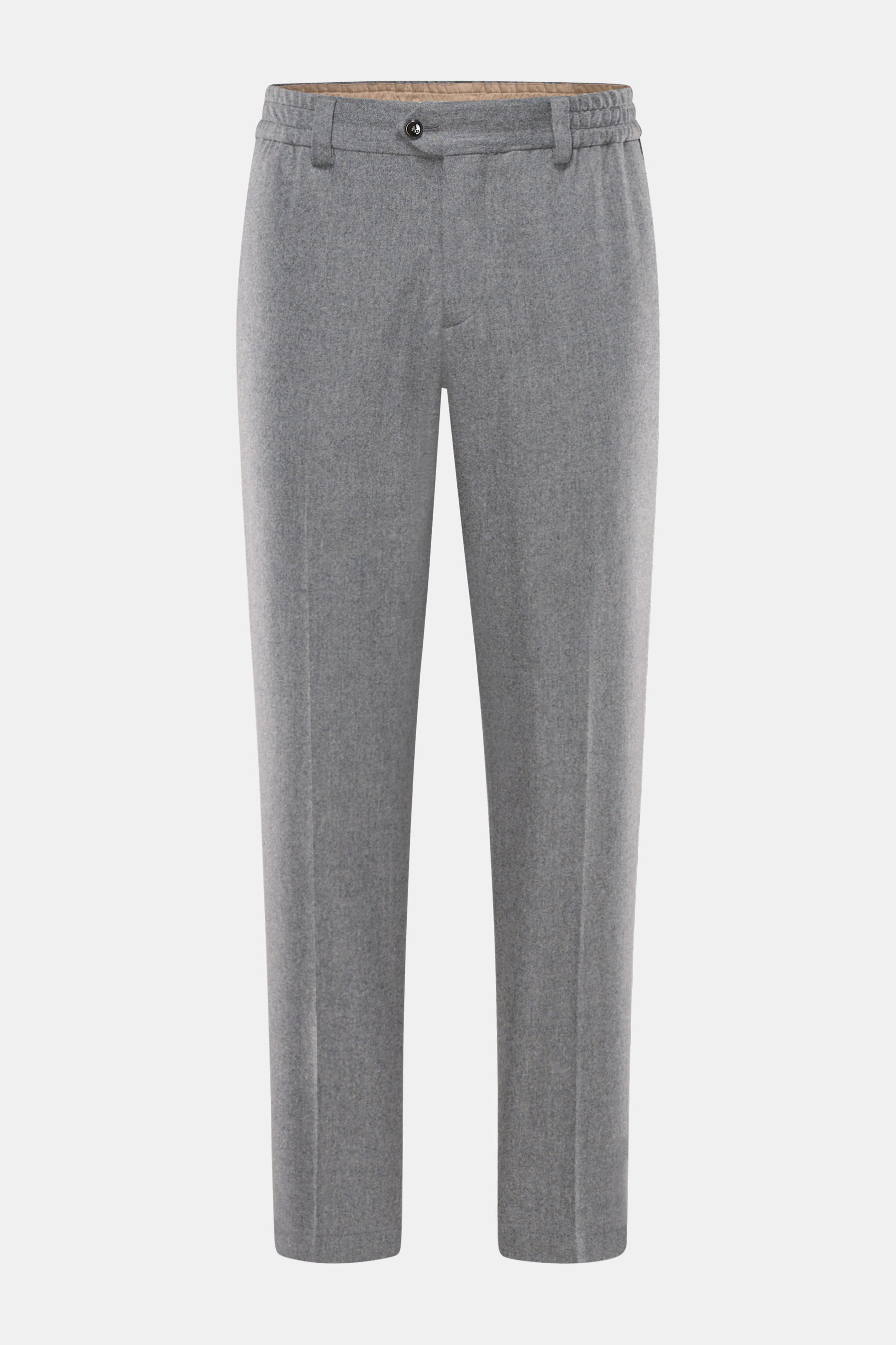 Front view of PT Torino Wool Pants 'The Rebel' grey melange, ankle-length tapered fit in elastic wool-cashmere flannel with button fly and French pockets.