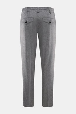 PT Torino Wool Pants 'The Rebel' grey melange shown from the back, flannel wool and cashmere, elastic waistband, buttoned back flap pockets.