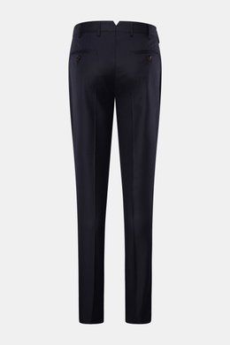 Brunello Cucinelli Wool pants 'Italian Fit' navy shown from the back, pure virgin wool, regular fit, soft touch, French pockets, watch pocket, buttoned back pockets, zipper and waistband buttons.
