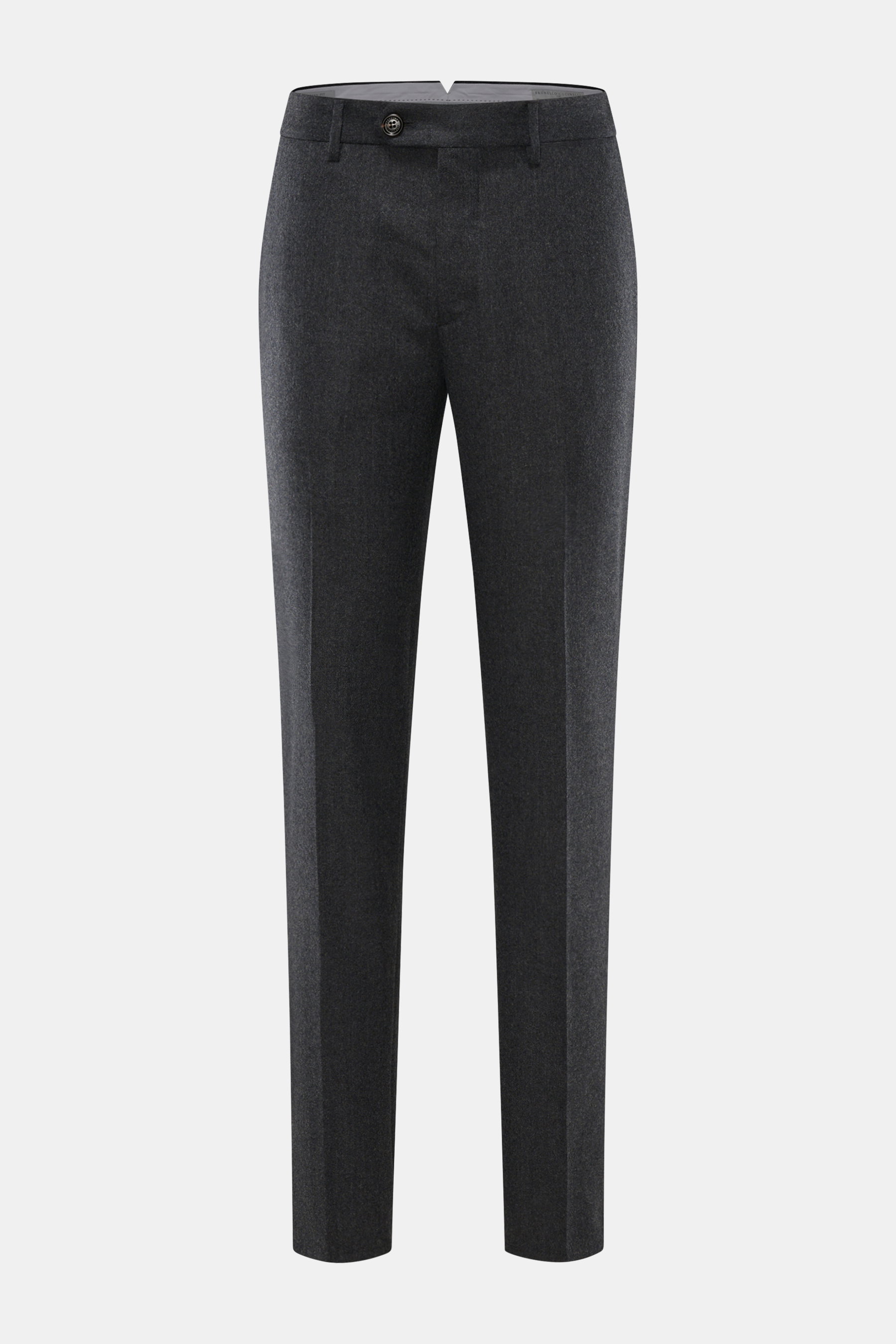 Brunello Cucinelli Wollhose 'Italian Fit' dunkelgrau meliert, Frontaufnahme, reine Schurwolle, weicher Griff, Regular Fit, Reißverschluss, Bundknöpfe, französische Taschen, kleine Uhrentasche, Gesäßtaschen mit Knopf.