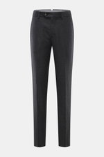 Front view of Brunello Cucinelli Wool pants 'Italian Fit' dark grey melange, pure virgin wool, soft touch, regular fit, zipper and waistband buttons, French pockets, small watch pocket, back pockets with button.