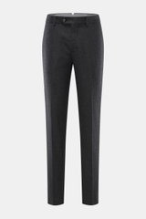 Front view of Brunello Cucinelli Wool pants 'Italian Fit' dark grey melange, pure virgin wool, soft touch, regular fit, zipper and waistband buttons, French pockets, small watch pocket, back pockets with button.