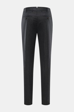 Brunello Cucinelli Wool pants 'Italian Fit' dark grey melange shown from the back, featuring pure virgin wool, soft touch, regular fit, zipper and waistband buttons, French pockets, small watch pocket, and back pockets with button. The wool pants of the l