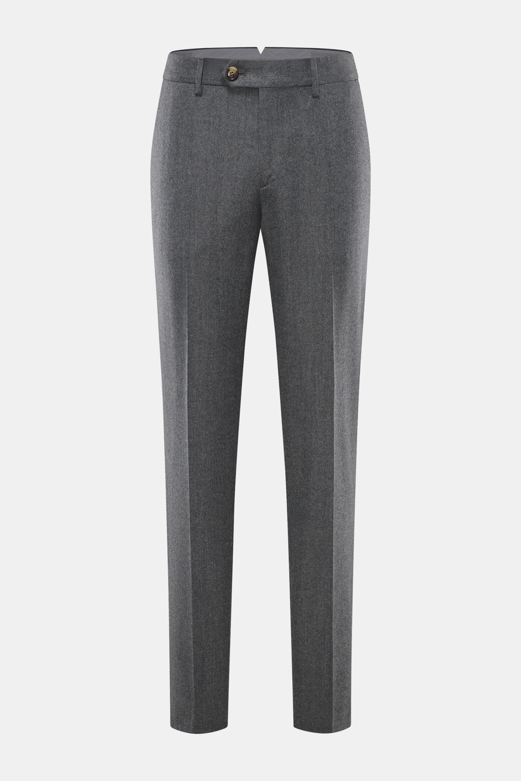 Brunello Cucinelli Wollhose "Italian Fit" grau meliert, reine Schurwolle, Regular Fit, weicher Griff, frontal mit Knopf, Reißverschluss, französischen Taschen.