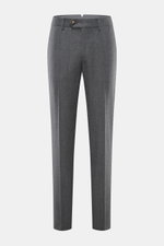 Brunello Cucinelli Wool pants 'Italian Fit' grey melange shown from front, pure virgin wool, soft touch, regular fit, zipper, buttons, French pockets, watch pocket, back pockets with button.