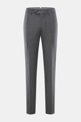 Brunello Cucinelli Wool pants 'Italian Fit' grey melange shown from front, pure virgin wool, soft touch, regular fit, zipper, buttons, French pockets, watch pocket, back pockets with button.