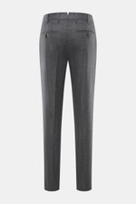 Rear view of Brunello Cucinelli Wool pants 'Italian Fit' grey melange, pure virgin wool, soft touch, regular fit, with zipper, waistband buttons, French pockets, small watch pocket, and back pockets with buttons.