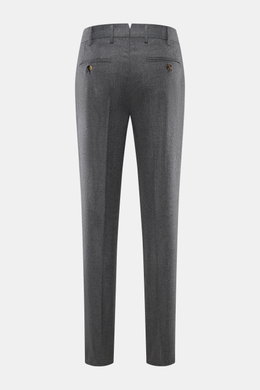 Rear view of Brunello Cucinelli Wool pants 'Italian Fit' grey melange, pure virgin wool, soft touch, regular fit, with zipper, waistband buttons, French pockets, small watch pocket, and back pockets with buttons.