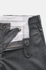 Brunello Cucinelli Wool pants 'Italian Fit' grey melange shown from the top inside view with open zipper and buttons, pure virgin wool.